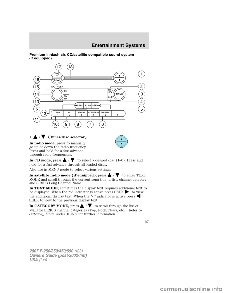FORD SUPER DUTY 2007 1.G Owners Manual Premium in-dash six CD/satellite compatible sound system
(if equipped)
1.
/(Tuner/Disc selector):
In radio mode,press to manually
go up or down the radio frequency.
Press and hold for a fast advance
t FORD SUPER DUTY 2007 1.G Owners Manual Premium in-dash six CD/satellite compatible sound system
(if equipped)
1.
/(Tuner/Disc selector):
In radio mode,press to manually
go up or down the radio frequency.
Press and hold for a fast advance
t
