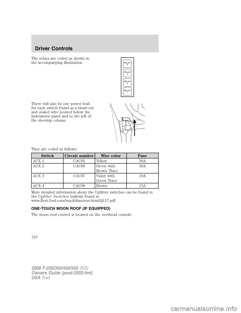 FORD SUPER DUTY 2008 2.G Owners Manual The relays are coded as shown in
the accompanying illustration.
There will also be one power lead
for each switch found as a blunt-cut
and sealed wire located below the
instrument panel and to the lef
