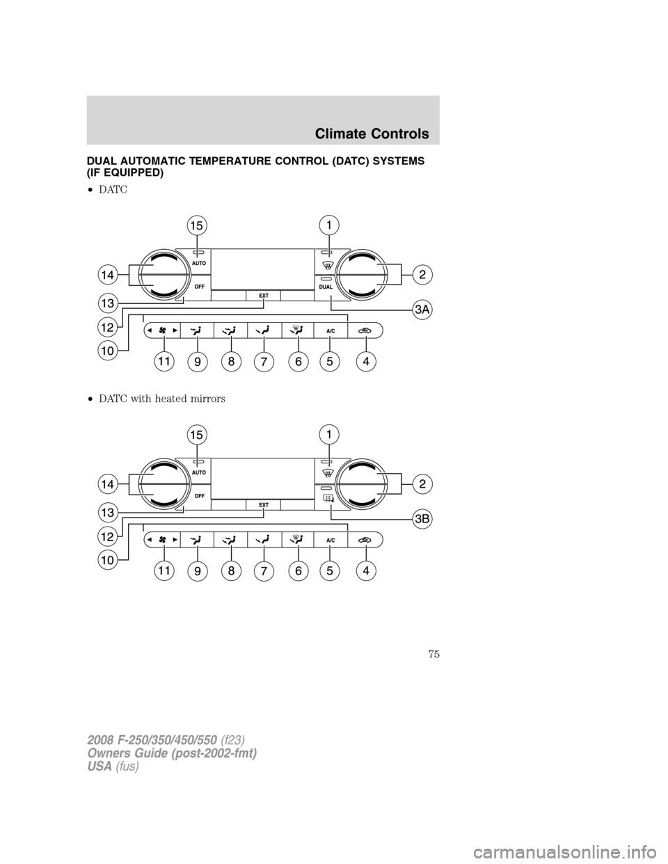 FORD SUPER DUTY 2008 2.G Owners Manual DUAL AUTOMATIC TEMPERATURE CONTROL (DATC) SYSTEMS
(IF EQUIPPED)
•DATC
•DATC with heated mirrors
2008 F-250/350/450/550(f23)
Owners Guide (post-2002-fmt)
USA(fus)
Climate Controls
75 