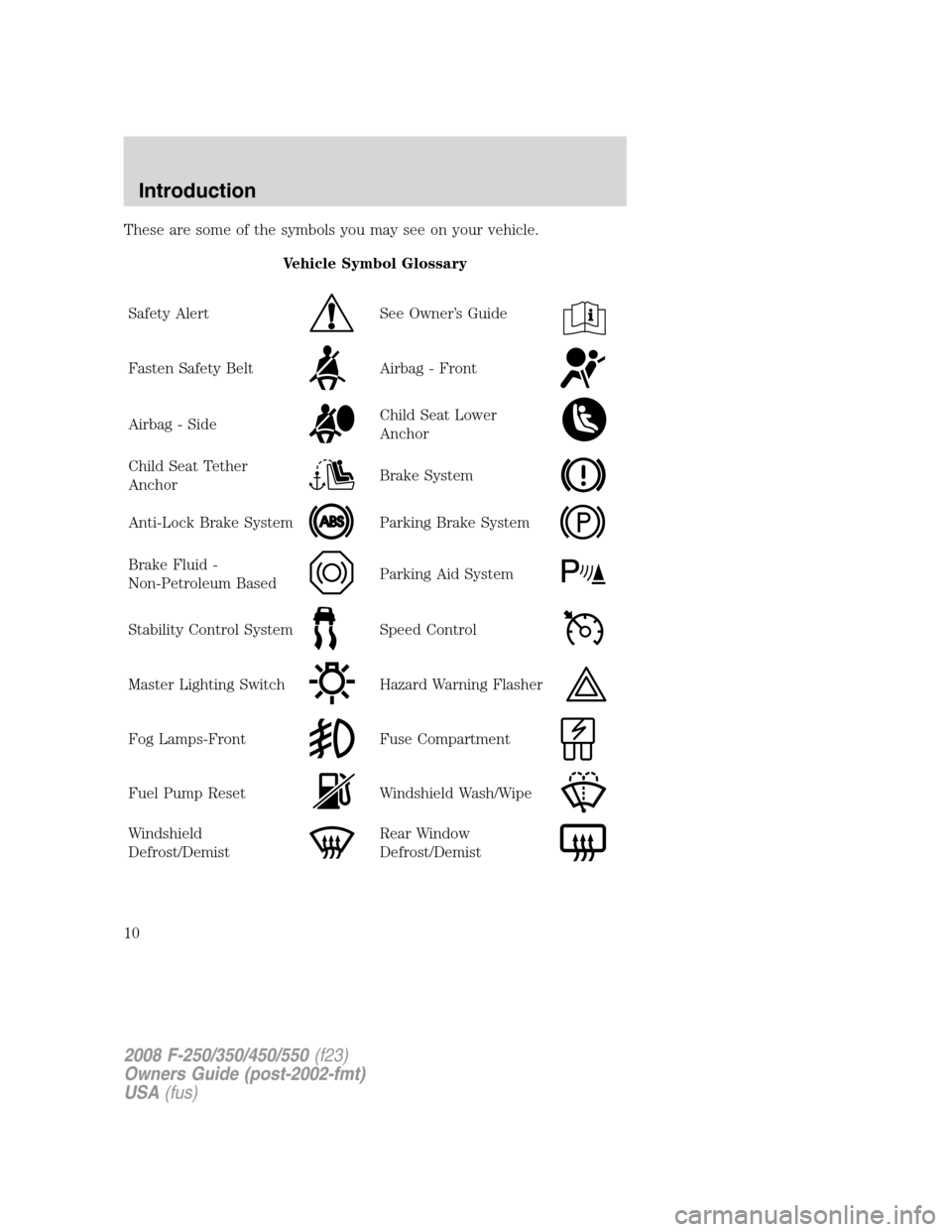 FORD SUPER DUTY 2008 2.G Owners Manual These are some of the symbols you may see on your vehicle.
Vehicle Symbol Glossary
Safety Alert
See Owner’s Guide
Fasten Safety BeltAirbag - Front
Airbag - SideChild Seat Lower
Anchor
Child Seat Tet