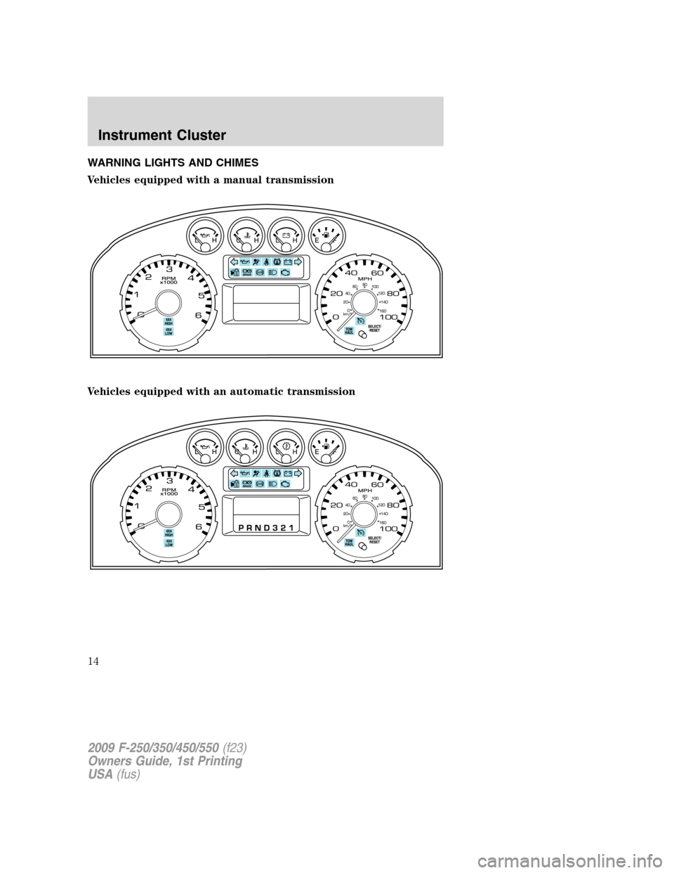 FORD SUPER DUTY 2009 2.G Owners Manual WARNING LIGHTS AND CHIMES
Vehicles equipped with a manual transmission
Vehicles equipped with an automatic transmission
2009 F-250/350/450/550(f23)
Owners Guide, 1st Printing
USA(fus)
Instrument Clust