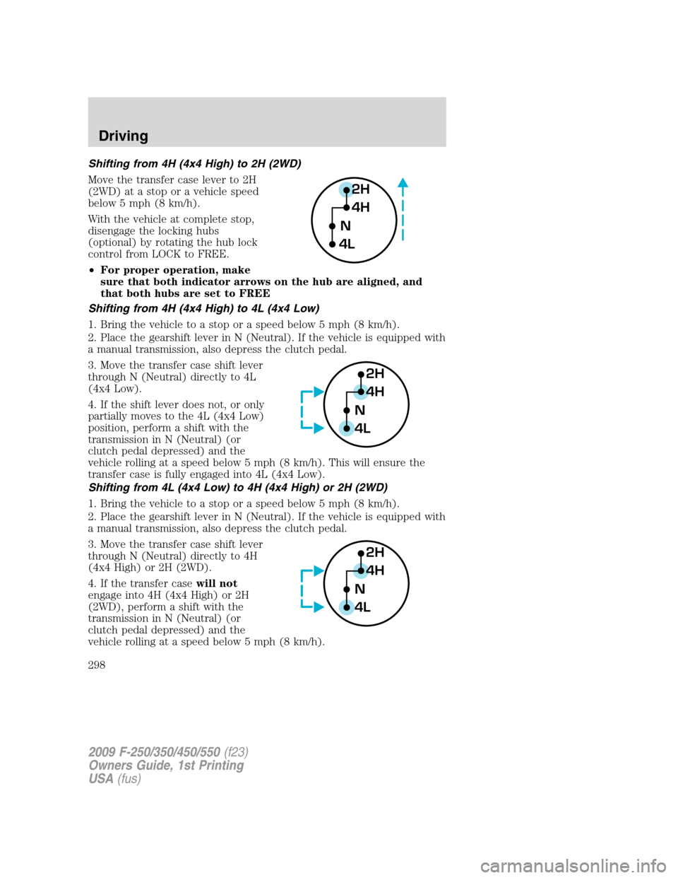 FORD SUPER DUTY 2009 2.G Owners Manual Shifting from 4H (4x4 High) to 2H (2WD)
Move the transfer case lever to 2H
(2WD) at a stop or a vehicle speed
below 5 mph (8 km/h).
With the vehicle at complete stop,
disengage the locking hubs
(optio