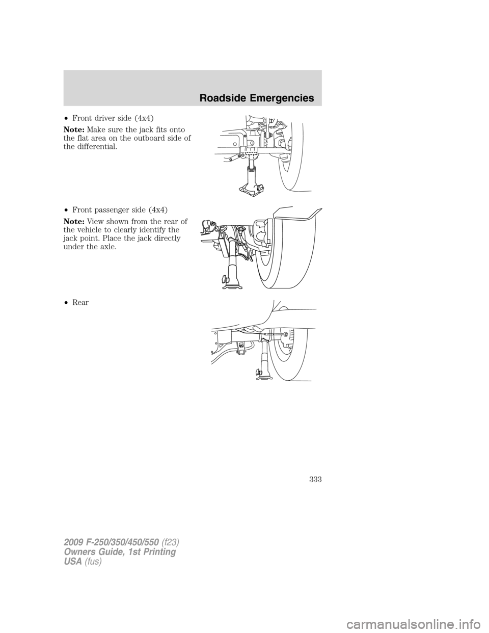 FORD SUPER DUTY 2009 2.G Owners Manual •Front driver side (4x4)
Note:Make sure the jack fits onto
the flat area on the outboard side of
the differential.
•Front passenger side (4x4)
Note:View shown from the rear of
the vehicle to clear