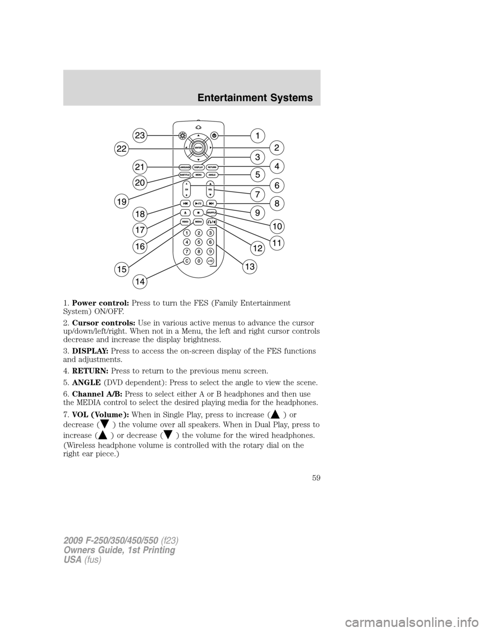 FORD SUPER DUTY 2009 2.G Owners Manual 1.Power control:Press to turn the FES (Family Entertainment
System) ON/OFF.
2.Cursor controls:Use in various active menus to advance the cursor
up/down/left/right. When not in a Menu, the left and rig