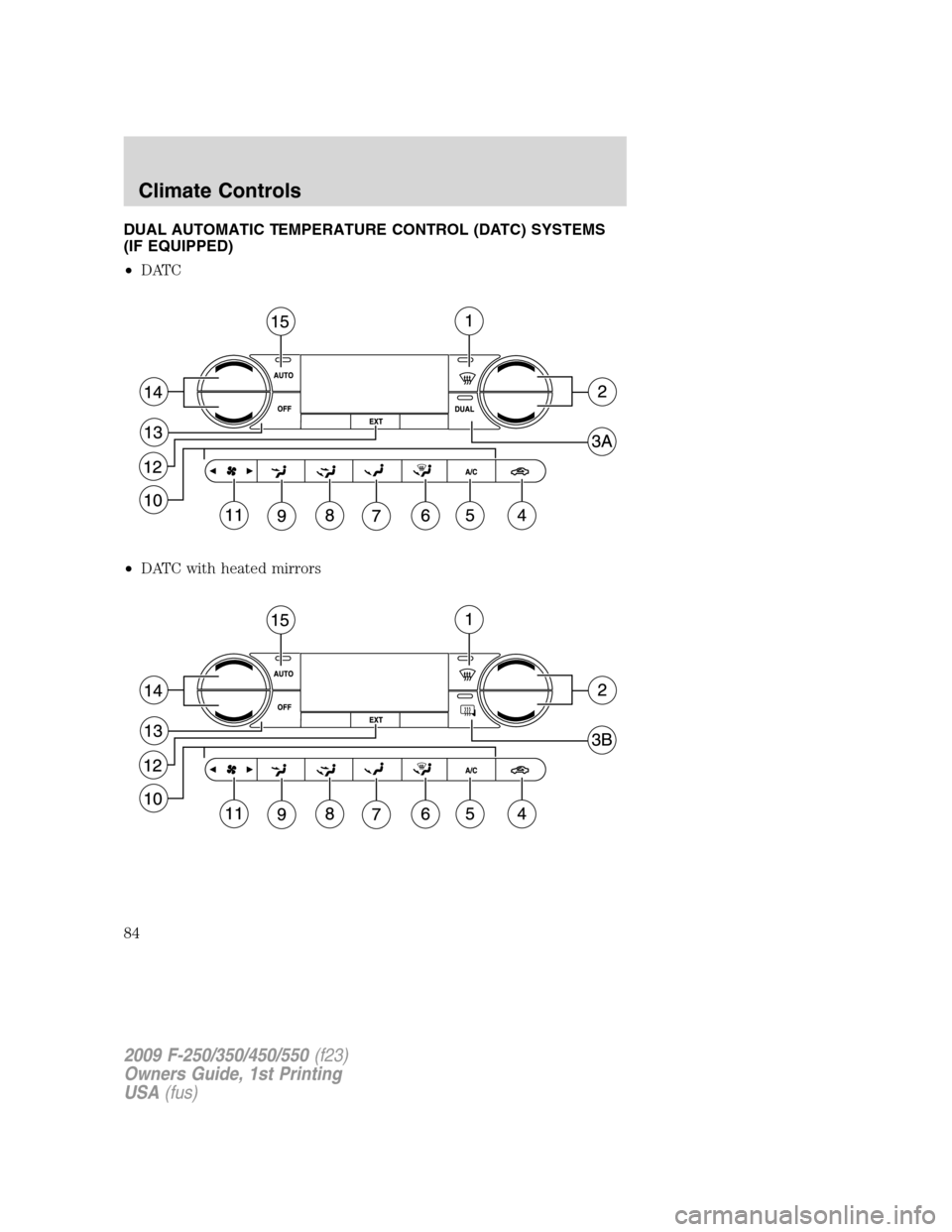 FORD SUPER DUTY 2009 2.G Owners Manual DUAL AUTOMATIC TEMPERATURE CONTROL (DATC) SYSTEMS
(IF EQUIPPED)
•DATC
•DATC with heated mirrors
2009 F-250/350/450/550(f23)
Owners Guide, 1st Printing
USA(fus)
Climate Controls
84 