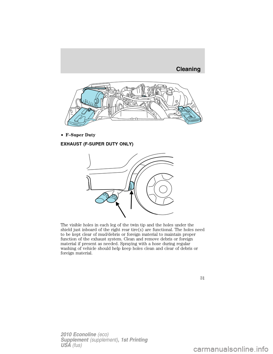 FORD SUPER DUTY 2010 2.G Diesel Supplement Manual •F–Super Duty
EXHAUST (F-SUPER DUTY ONLY)
The visible holes in each leg of the twin tip and the holes under the
shield just inboard of the right rear tire(s) are functional. The holes need
to be k