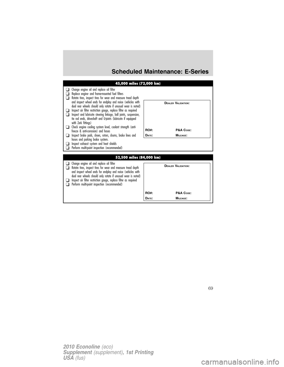FORD SUPER DUTY 2010 2.G Diesel Supplement Manual 45,000 miles (72,000 km)
❑Change engine oil and replace oil filter❑Replace engine- and frame-mounted fuel filters❑Rotate tires, inspect tires for wear and measure tread depth
and inspect wheel e FORD SUPER DUTY 2010 2.G Diesel Supplement Manual 45,000 miles (72,000 km)
❑Change engine oil and replace oil filter❑Replace engine- and frame-mounted fuel filters❑Rotate tires, inspect tires for wear and measure tread depth
and inspect wheel e