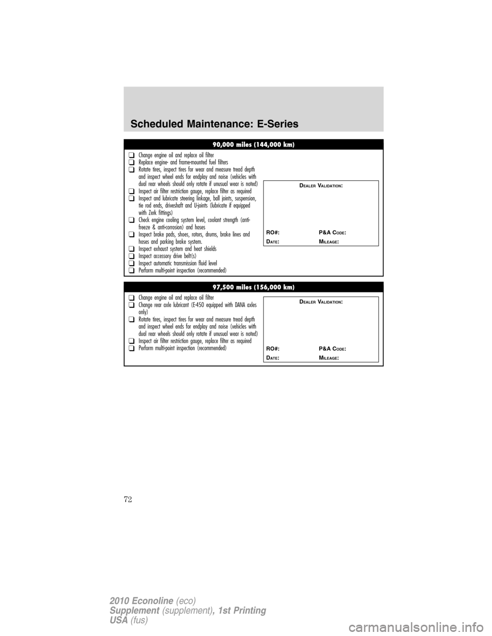 FORD SUPER DUTY 2010 2.G Diesel Supplement Manual 90,000 miles (144,000 km)
❑Change engine oil and replace oil filter❑Replace engine- and frame-mounted fuel filters❑Rotate tires, inspect tires for wear and measure tread depth
and inspect wheel FORD SUPER DUTY 2010 2.G Diesel Supplement Manual 90,000 miles (144,000 km)
❑Change engine oil and replace oil filter❑Replace engine- and frame-mounted fuel filters❑Rotate tires, inspect tires for wear and measure tread depth
and inspect wheel