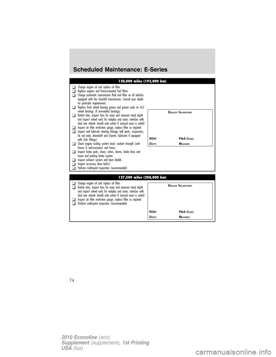 FORD SUPER DUTY 2010 2.G Diesel Supplement Manual 120,000 miles (192,000 km)
❑Change engine oil and replace oil filter❑Replace engine- and frame-mounted fuel filters❑Change automatic transmission fluid and filter on all vehicles
equipped with t FORD SUPER DUTY 2010 2.G Diesel Supplement Manual 120,000 miles (192,000 km)
❑Change engine oil and replace oil filter❑Replace engine- and frame-mounted fuel filters❑Change automatic transmission fluid and filter on all vehicles
equipped with t