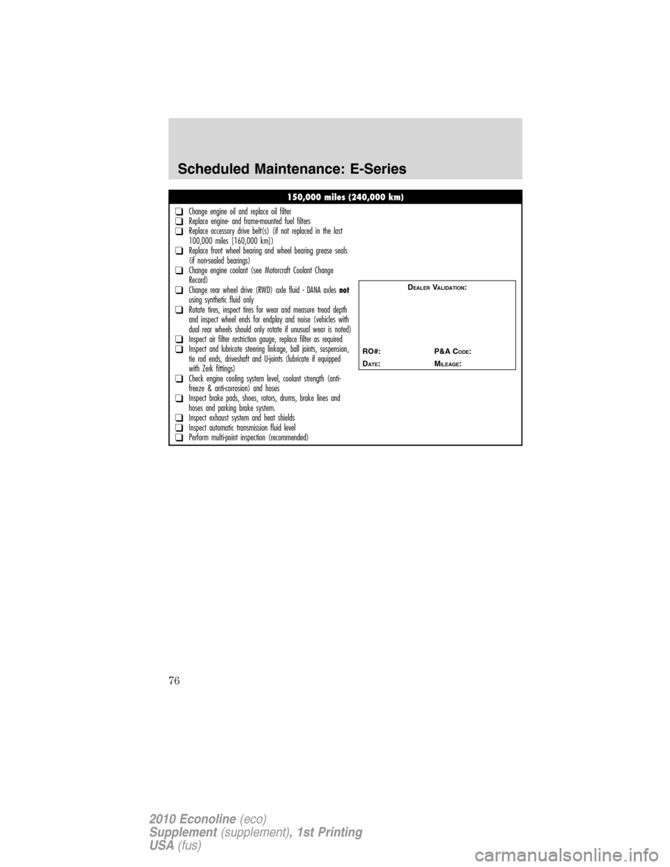 FORD SUPER DUTY 2010 2.G Diesel Supplement Manual 150,000 miles (240,000 km)
❑Change engine oil and replace oil filter❑Replace engine- and frame-mounted fuel filters❑Replace accessory drive belt(s) (if not replaced in the last
100,000 miles [16 FORD SUPER DUTY 2010 2.G Diesel Supplement Manual 150,000 miles (240,000 km)
❑Change engine oil and replace oil filter❑Replace engine- and frame-mounted fuel filters❑Replace accessory drive belt(s) (if not replaced in the last
100,000 miles [16