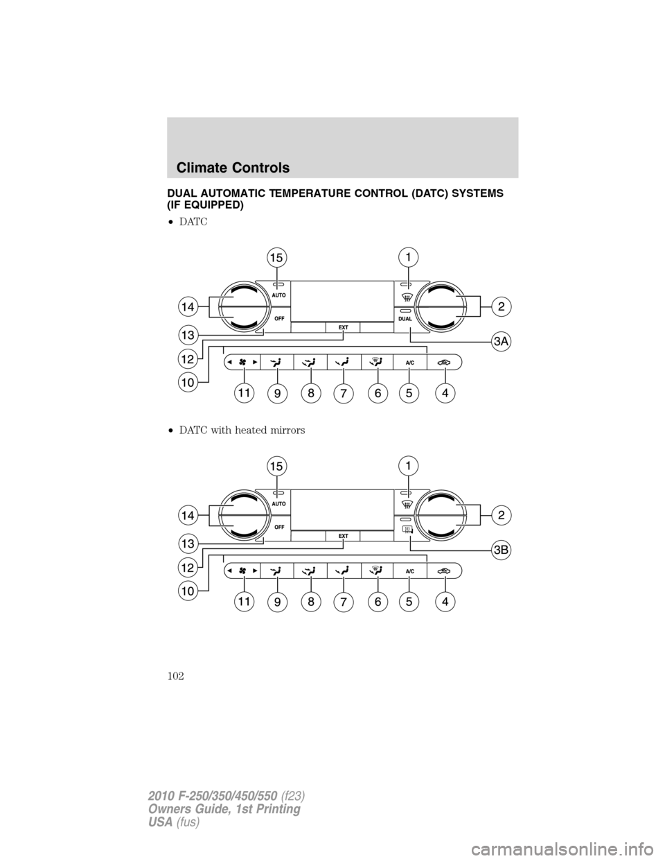 FORD SUPER DUTY 2010 2.G Owners Manual DUAL AUTOMATIC TEMPERATURE CONTROL (DATC) SYSTEMS
(IF EQUIPPED)
•DATC
•DATC with heated mirrors
Climate Controls
102
2010 F-250/350/450/550(f23)
Owners Guide, 1st Printing
USA(fus) 