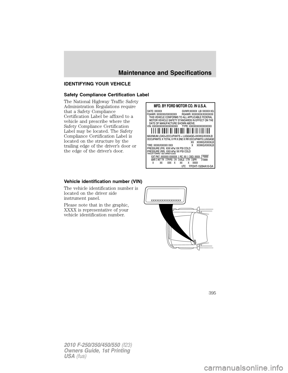 FORD SUPER DUTY 2010 2.G Owners Manual IDENTIFYING YOUR VEHICLE
Safety Compliance Certification Label
The National Highway Traffic Safety
Administration Regulations require
that a Safety Compliance
Certification Label be affixed to a
vehic