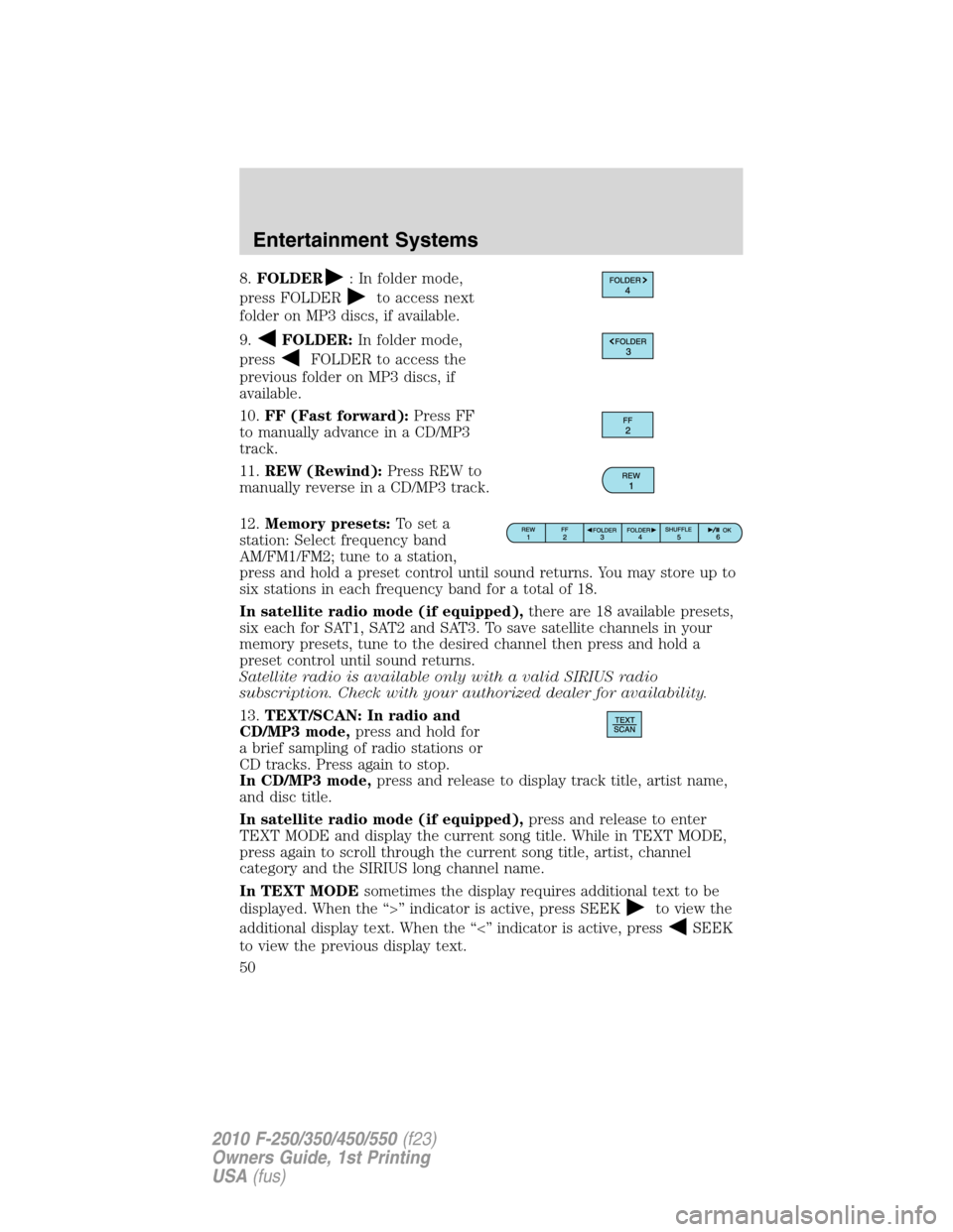 FORD SUPER DUTY 2010 2.G Owners Manual 8.FOLDER: In folder mode,
press FOLDER
to access next
folder on MP3 discs, if available.
9.
FOLDER:In folder mode,
press
FOLDER to access the
previous folder on MP3 discs, if
available.
10.FF (Fast fo