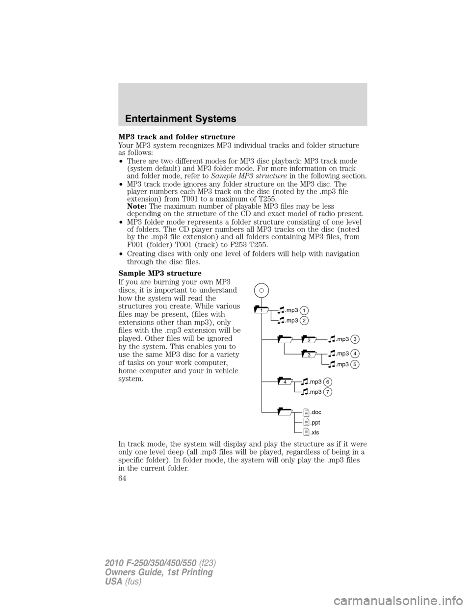 FORD SUPER DUTY 2010 2.G Owners Manual MP3 track and folder structure
Your MP3 system recognizes MP3 individual tracks and folder structure
as follows:
•
There are two different modes for MP3 disc playback: MP3 track mode
(system default