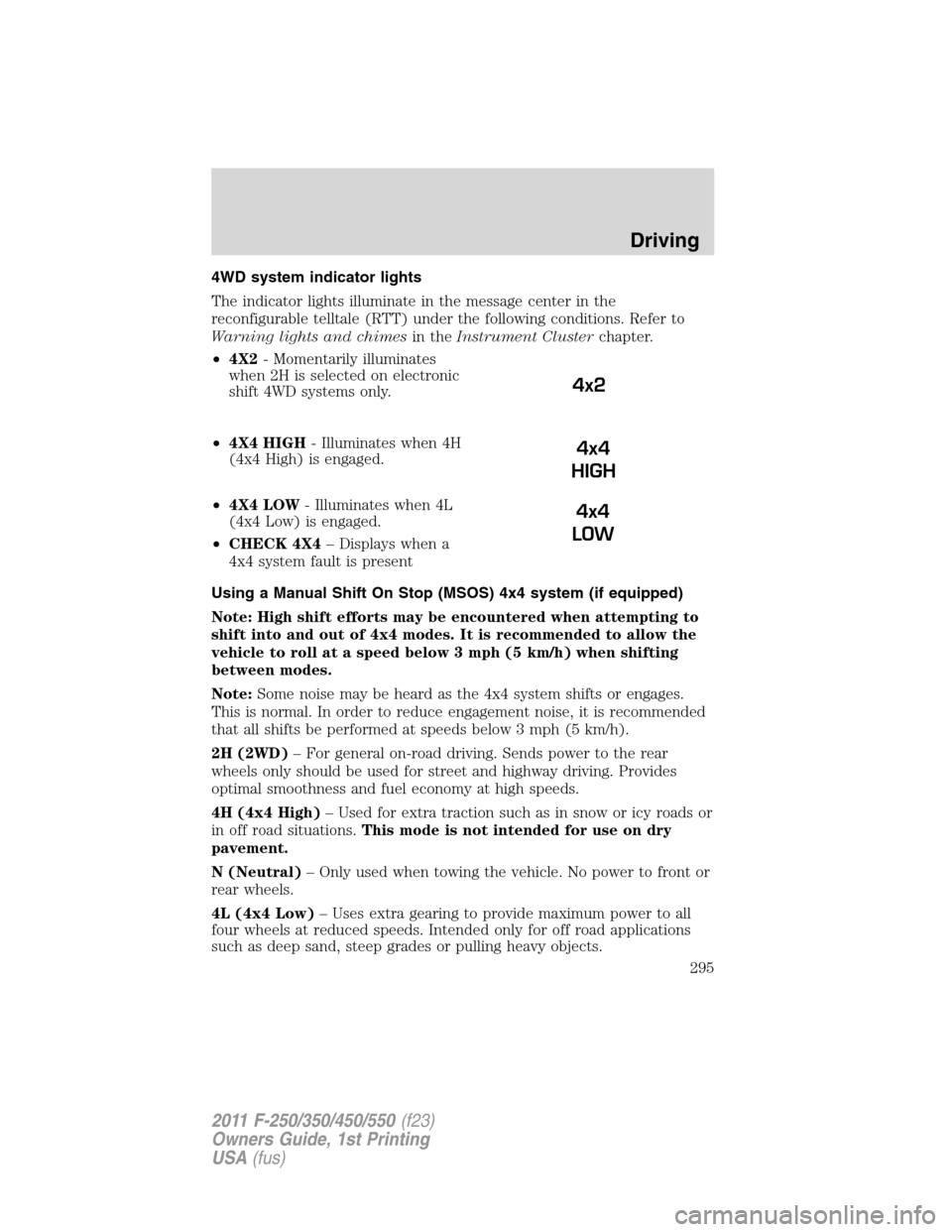 FORD SUPER DUTY 2011 3.G Owners Manual 4WD system indicator lights
The indicator lights illuminate in the message center in the
reconfigurable telltale (RTT) under the following conditions. Refer to
Warning lights and chimesin theInstrumen