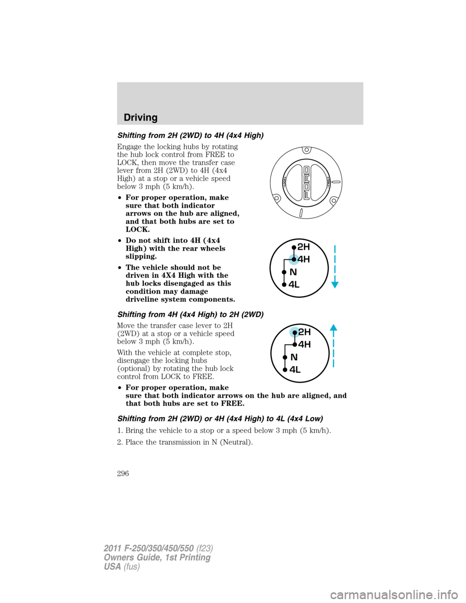 FORD SUPER DUTY 2011 3.G Owners Manual Shifting from 2H (2WD) to 4H (4x4 High)
Engage the locking hubs by rotating
the hub lock control from FREE to
LOCK, then move the transfer case
lever from 2H (2WD) to 4H (4x4
High) at a stop or a vehi