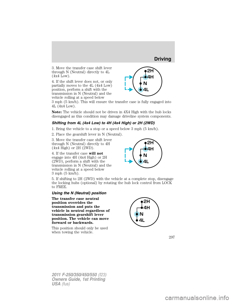 FORD SUPER DUTY 2011 3.G Owners Manual 3. Move the transfer case shift lever
through N (Neutral) directly to 4L
(4x4 Low).
4. If the shift lever does not, or only
partially moves to the 4L (4x4 Low)
position, perform a shift with the
trans