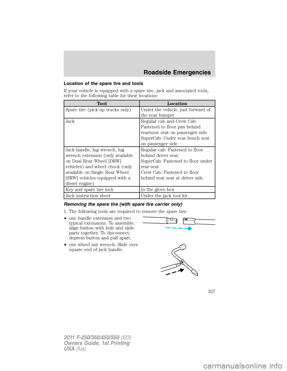 FORD SUPER DUTY 2011 3.G Owners Manual Location of the spare tire and tools
If your vehicle is equipped with a spare tire, jack and associated tools,
refer to the following table for their locations:
Tool Location
Spare tire (pick-up truck FORD SUPER DUTY 2011 3.G Owners Manual Location of the spare tire and tools
If your vehicle is equipped with a spare tire, jack and associated tools,
refer to the following table for their locations:
Tool Location
Spare tire (pick-up truck