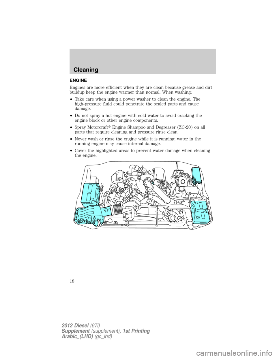 FORD SUPER DUTY 2012 3.G Diesel Supplement Manual ENGINE
Engines are more efficient when they are clean because grease and dirt
buildup keep the engine warmer than normal. When washing:
•Take care when using a power washer to clean the engine. The
