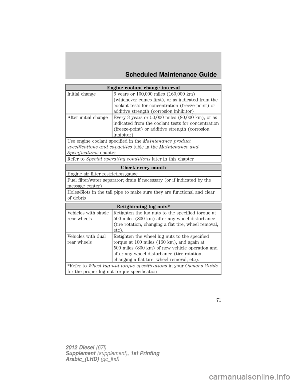 FORD SUPER DUTY 2012 3.G Diesel Supplement Manual Engine coolant change interval
Initial change 6 years or 100,000 miles (160,000 km)
(whichever comes first), or as indicated from the
coolant tests for concentration (freeze-point) or
additive strengt