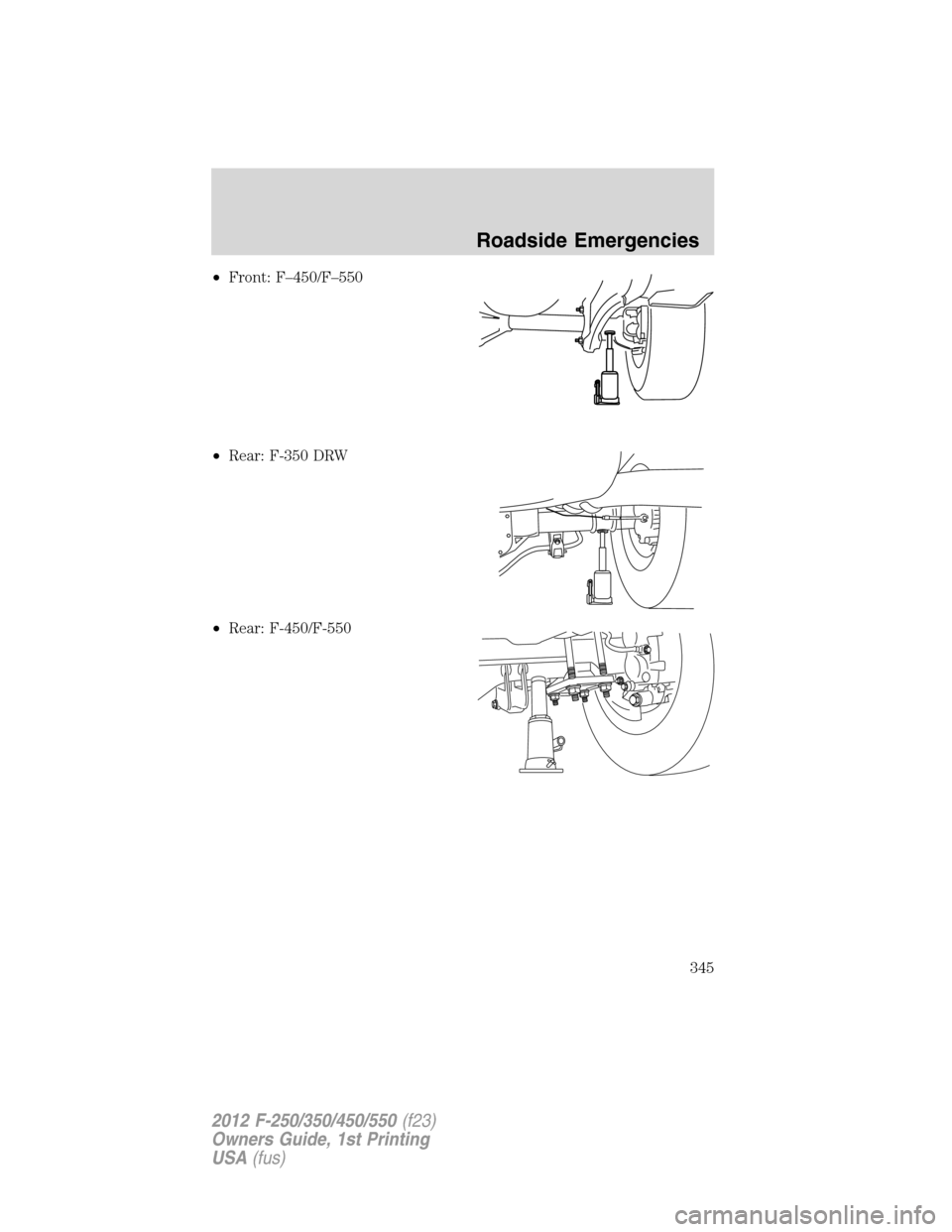 FORD SUPER DUTY 2012 3.G Owners Manual •Front: F–450/F–550
•Rear: F-350 DRW
•Rear: F-450/F-550
Roadside Emergencies
345
2012 F-250/350/450/550(f23)
Owners Guide, 1st Printing
USA(fus) 