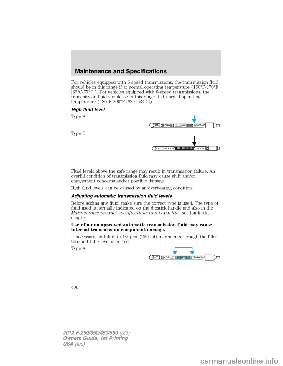 FORD SUPER DUTY 2012 3.G Owners Manual For vehicles equipped with 5-speed transmissions, the transmission fluid
should be in this range if at normal operating temperature (150°F-170°F
[66°C-77°C]). For vehicles equipped with 6-speed tr