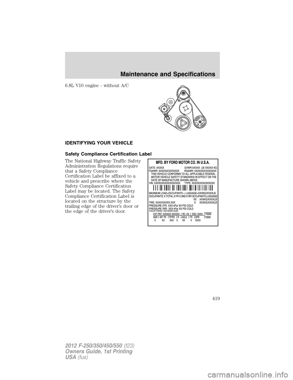 FORD SUPER DUTY 2012 3.G Owners Manual 6.8L V10 engine - without A/C
IDENTIFYING YOUR VEHICLE
Safety Compliance Certification Label
The National Highway Traffic Safety
Administration Regulations require
that a Safety Compliance
Certificati