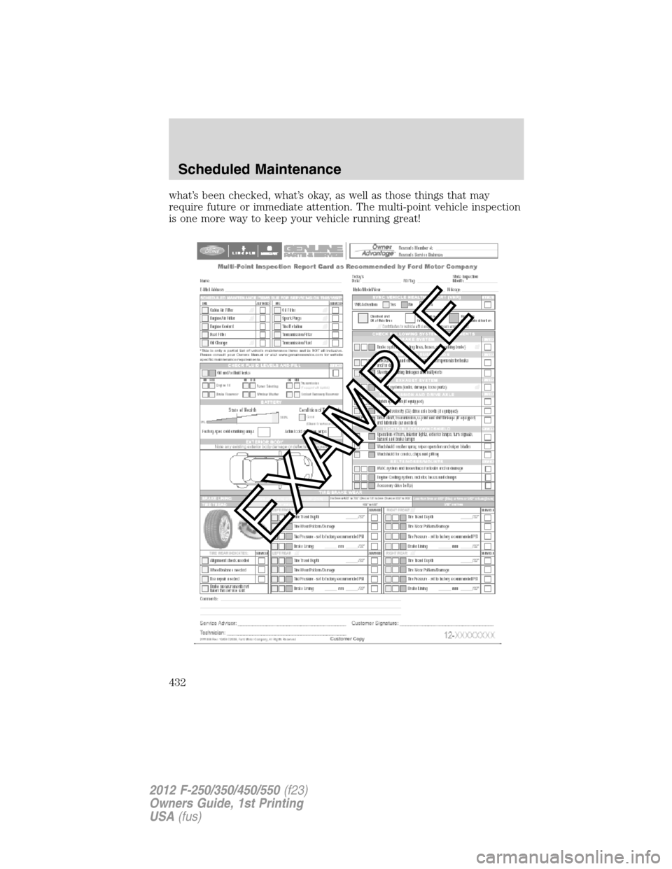 FORD SUPER DUTY 2012 3.G Owners Manual what’s been checked, what’s okay, as well as those things that may
require future or immediate attention. The multi-point vehicle inspection
is one more way to keep your vehicle running great!
Sch