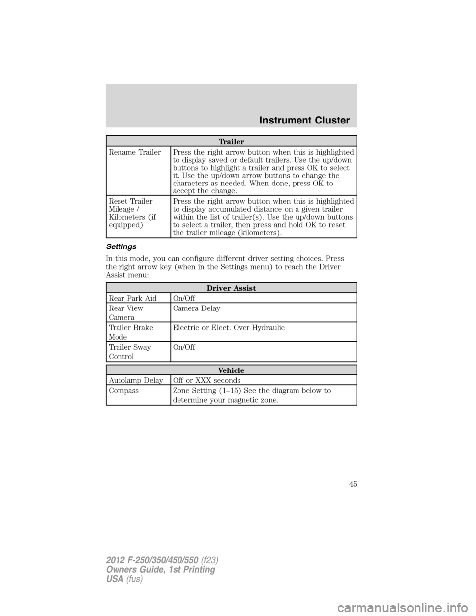 FORD SUPER DUTY 2012 3.G Owners Manual Trailer
Rename Trailer Press the right arrow button when this is highlighted
to display saved or default trailers. Use the up/down
buttons to highlight a trailer and press OK to select
it. Use the up/