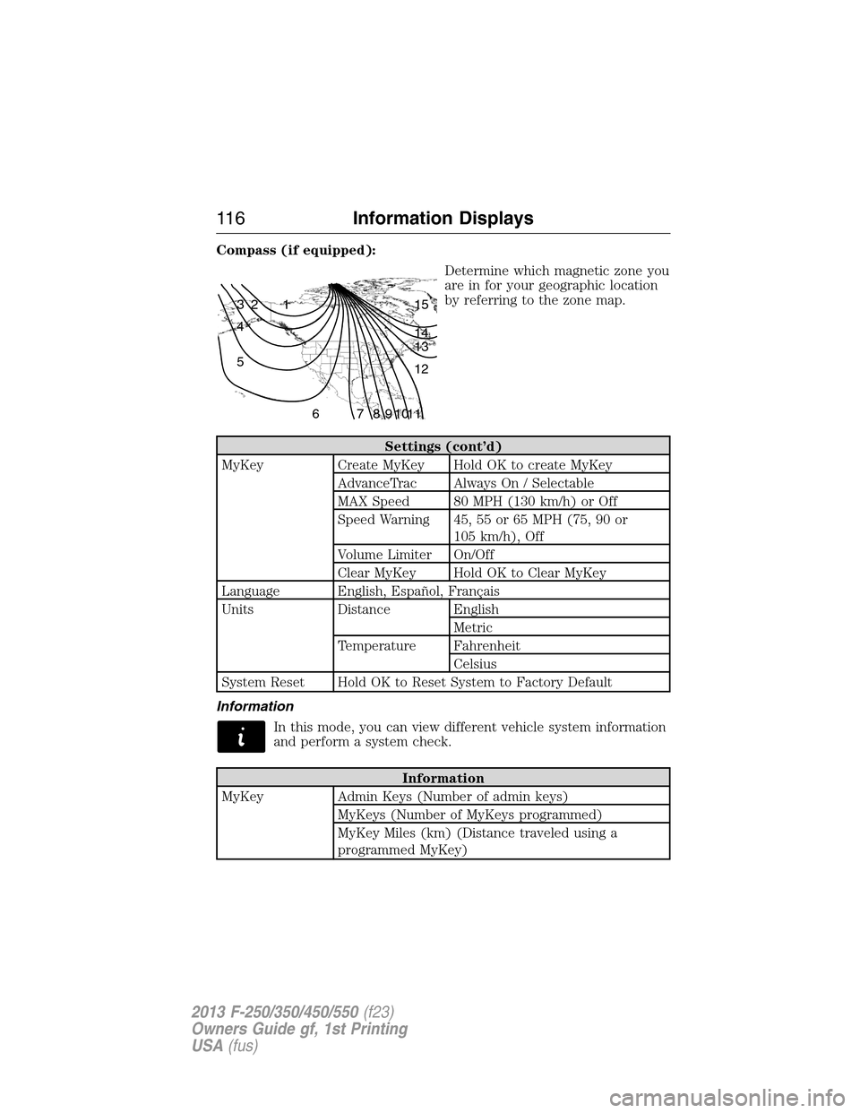 FORD SUPER DUTY 2013 3.G Owners Manual Compass (if equipped):
Determine which magnetic zone you
are in for your geographic location
by referring to the zone map.
Settings (cont’d)
MyKey Create MyKey Hold OK to create MyKey
AdvanceTrac Al