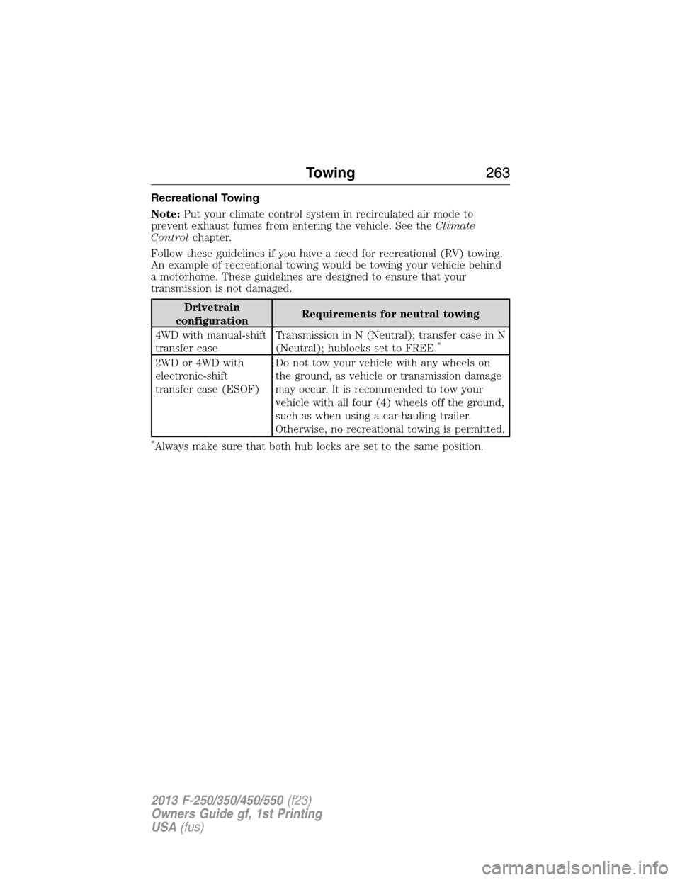 FORD SUPER DUTY 2013 3.G Owners Manual Recreational Towing
Note:Put your climate control system in recirculated air mode to
prevent exhaust fumes from entering the vehicle. See theClimate
Controlchapter.
Follow these guidelines if you have
