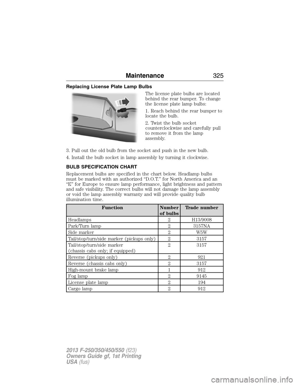 FORD SUPER DUTY 2013 3.G Owners Manual Replacing License Plate Lamp Bulbs
The license plate bulbs are located
behind the rear bumper. To change
the license plate lamp bulbs:
1. Reach behind the rear bumper to
locate the bulb.
2. Twist the 