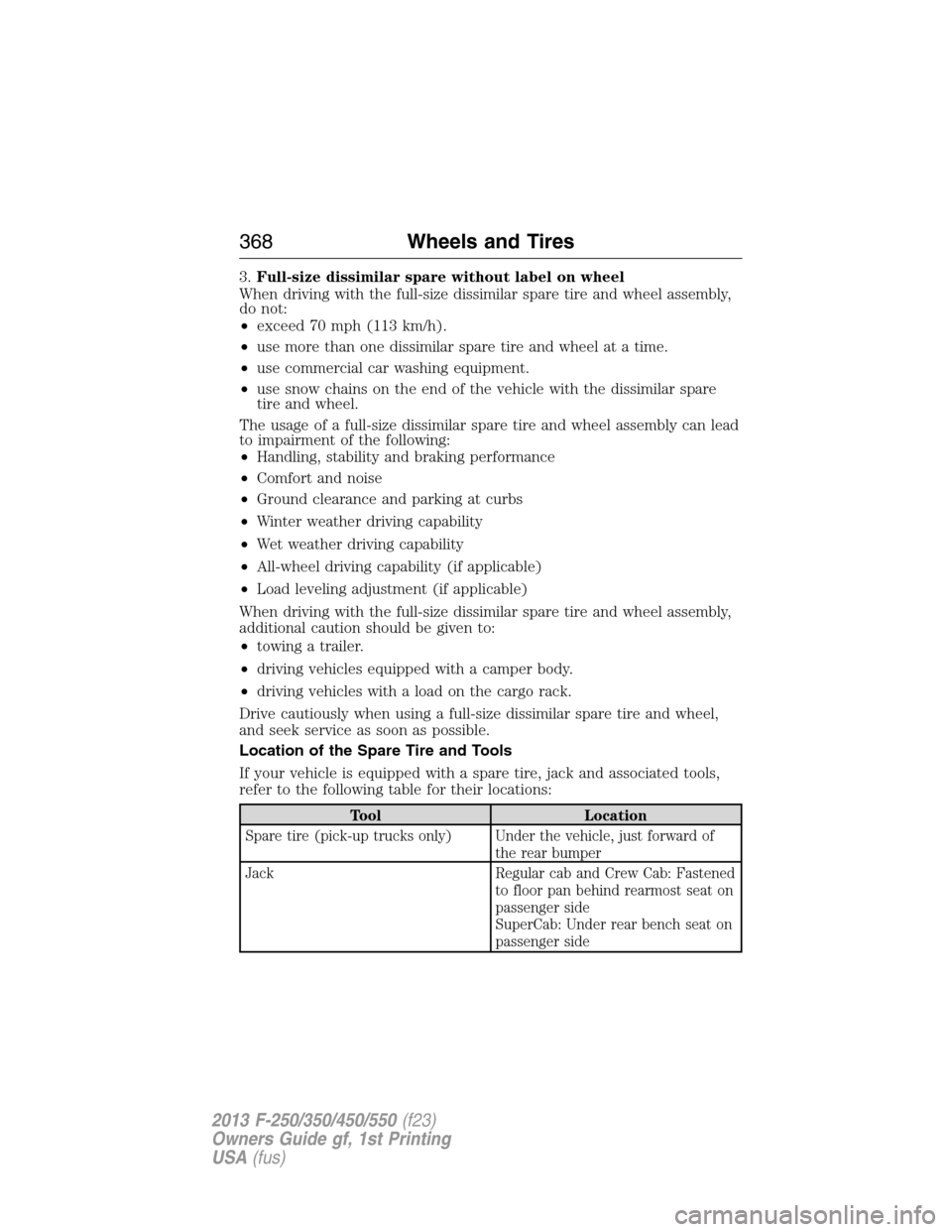 FORD SUPER DUTY 2013 3.G Owners Manual 3.Full-size dissimilar spare without label on wheel
When driving with the full-size dissimilar spare tire and wheel assembly,
do not:
•exceed 70 mph (113 km/h).
•use more than one dissimilar spare