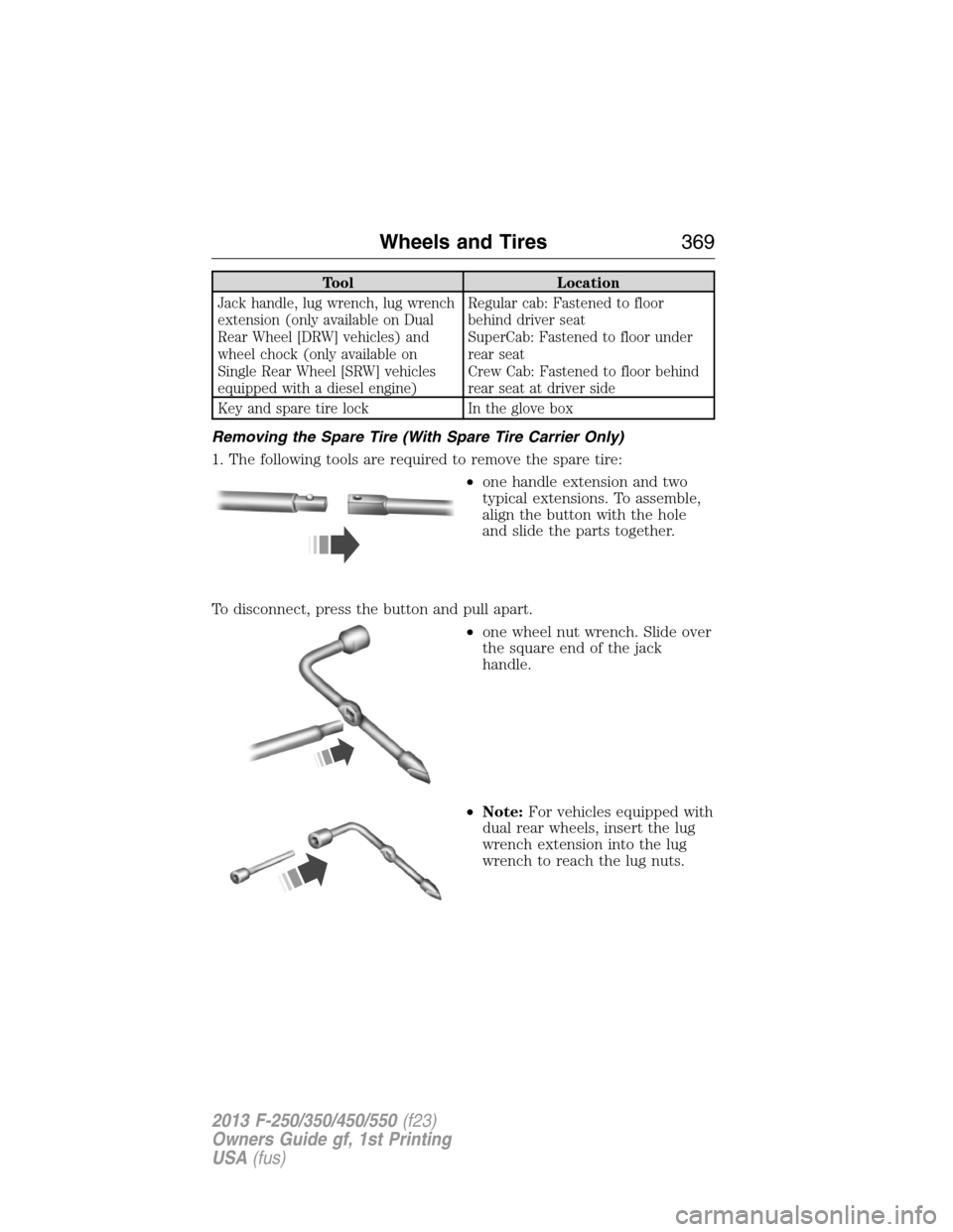 FORD SUPER DUTY 2013 3.G Owners Manual Tool Location
Jack handle, lug wrench, lug wrench
extension (only available on Dual
Rear Wheel [DRW] vehicles) and
wheel chock (only available on
Single Rear Wheel [SRW] vehicles
equipped with a diese