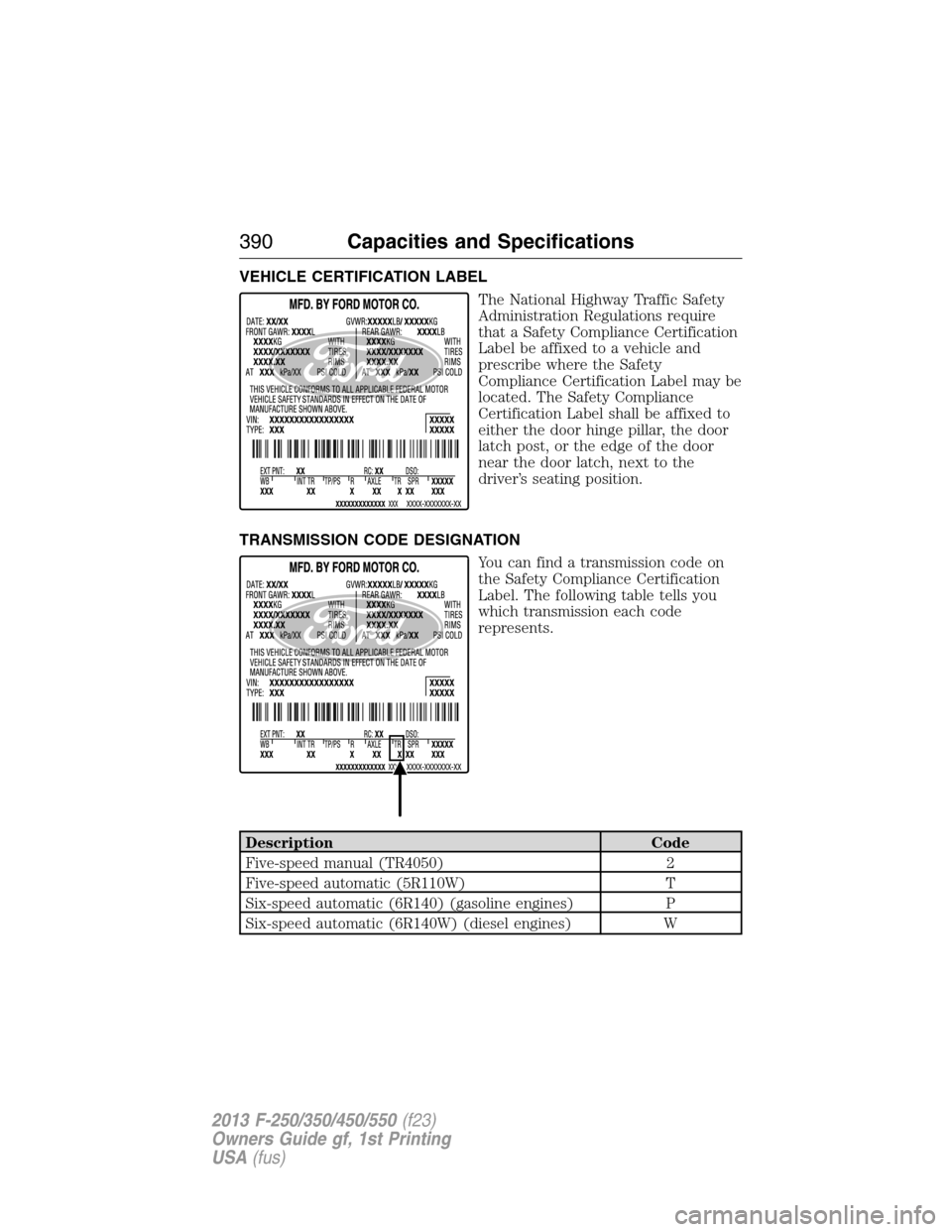 FORD SUPER DUTY 2013 3.G Owners Manual VEHICLE CERTIFICATION LABEL
The National Highway Traffic Safety
Administration Regulations require
that a Safety Compliance Certification
Label be affixed to a vehicle and
prescribe where the Safety
C