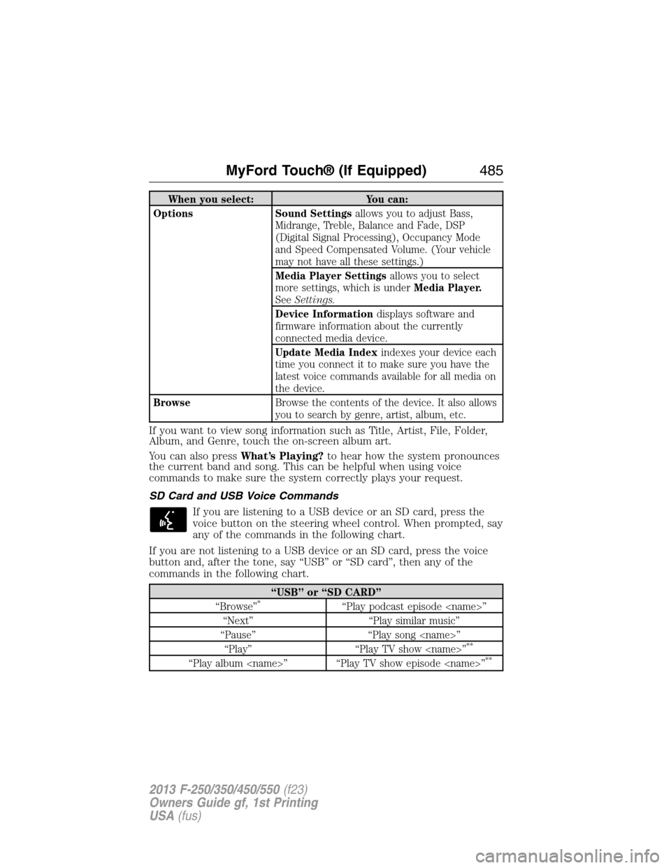 FORD SUPER DUTY 2013 3.G Owners Manual When you select: You can:
Options Sound Settingsallows you to adjust Bass,
Midrange, Treble, Balance and Fade, DSP
(Digital Signal Processing), Occupancy Mode
and Speed Compensated Volume. (Your vehic