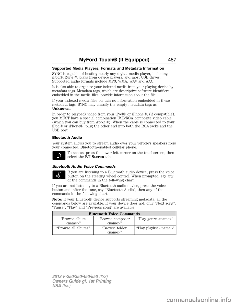 FORD SUPER DUTY 2013 3.G Owners Manual Supported Media Players, Formats and Metadata Information
SYNC is capable of hosting nearly any digital media player, including
iPod®, Zune™, plays from device players, and most USB drives.
Support