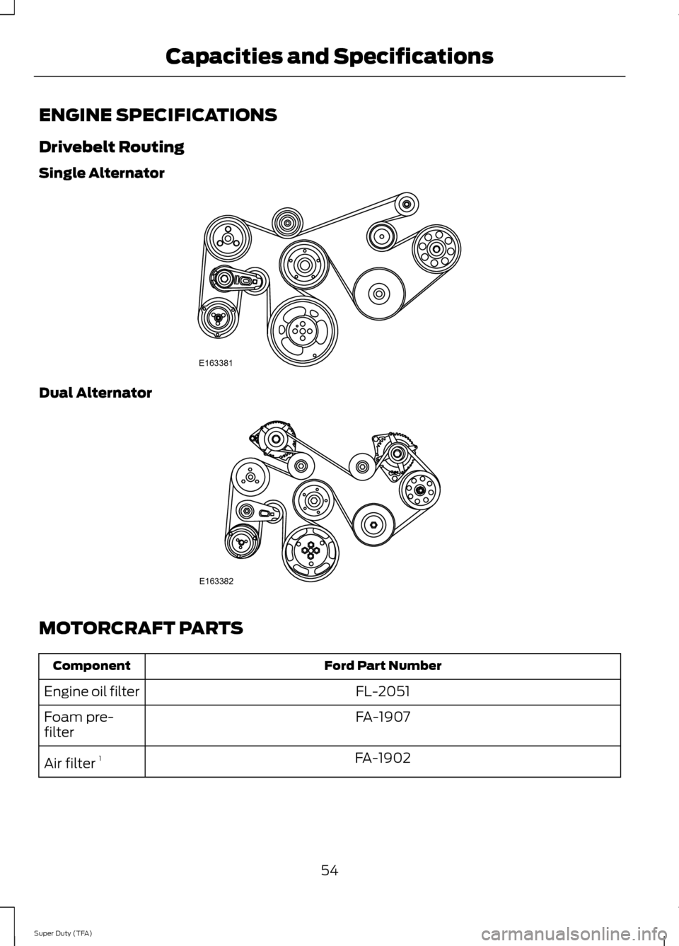 FORD SUPER DUTY 2014 3.G Diesel Supplement Manual ENGINE SPECIFICATIONS
Drivebelt Routing
Single Alternator
Dual Alternator
MOTORCRAFT PARTS
Ford Part Number
Component
FL-2051
Engine oil filter
FA-1907
Foam pre-
filter
FA-1902
Air filter  1
54
Super 