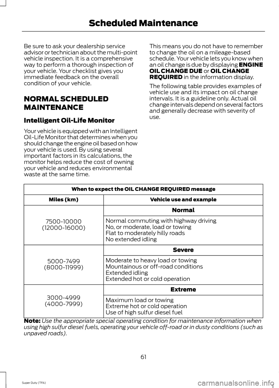 FORD SUPER DUTY 2014 3.G Diesel Supplement Manual Be sure to ask your dealership service
advisor or technician about the multi-point
vehicle inspection. It is a comprehensive
way to perform a thorough inspection of
your vehicle. Your checklist gives 