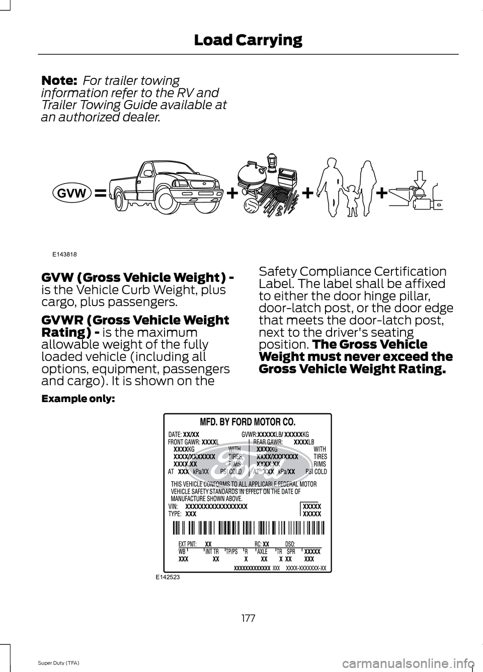 FORD SUPER DUTY 2014 3.G Owners Manual Note:
 For trailer towing
information refer to the RV and
Trailer Towing Guide available at
an authorized dealer. GVW (Gross Vehicle Weight) -
is the Vehicle Curb Weight, plus
cargo, plus passengers.

