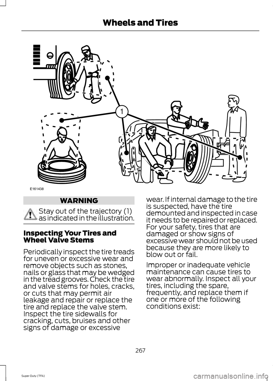 FORD SUPER DUTY 2014 3.G Owners Manual WARNING
Stay out of the trajectory (1)
as indicated in the illustration.
Inspecting Your Tires and
Wheel Valve Stems
Periodically inspect the tire treads
for uneven or excessive wear and
remove object
