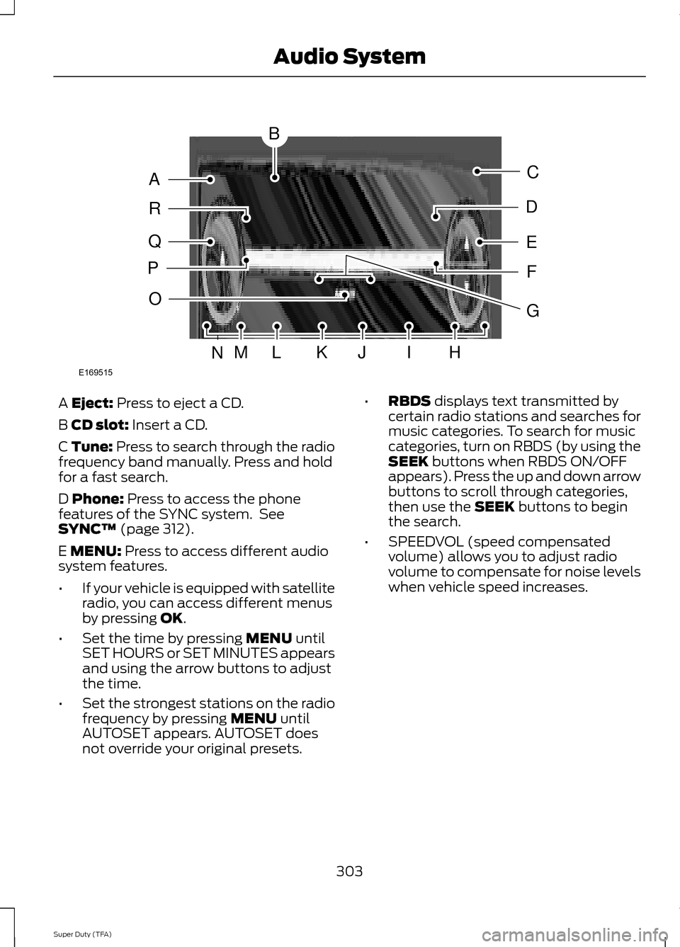 FORD SUPER DUTY 2014 3.G Owners Manual A Eject: Press to eject a CD.
B 
CD slot: Insert a CD.
C Tune: Press to search through the radio
frequency band manually. Press and hold
for a fast search.
D 
Phone: Press to access the phone
features