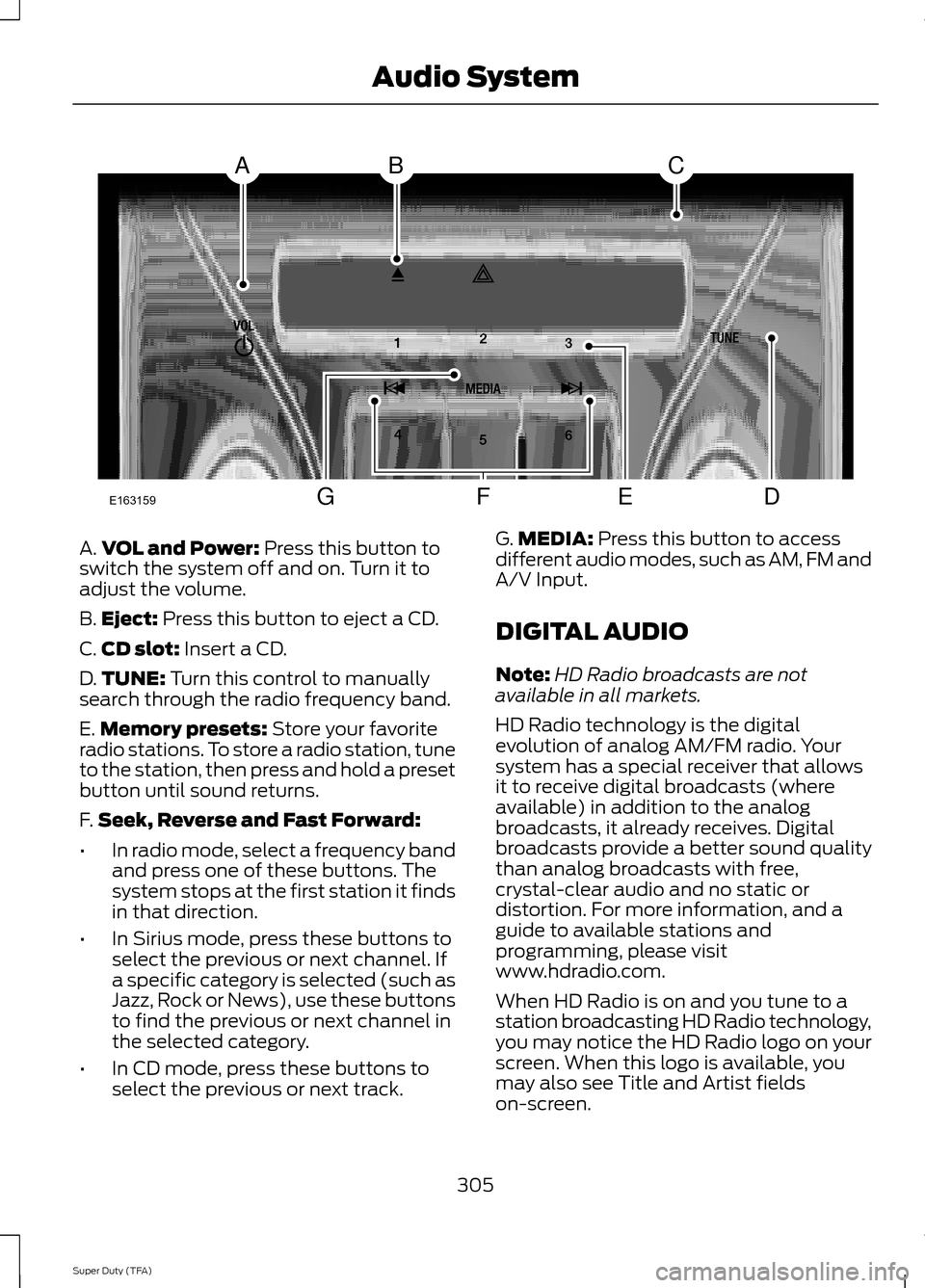 FORD SUPER DUTY 2014 3.G Owners Manual A.
VOL and Power: Press this button to
switch the system off and on. Turn it to
adjust the volume.
B. Eject:
 Press this button to eject a CD.
C. CD slot:
 Insert a CD.
D. TUNE:
 Turn this control to 