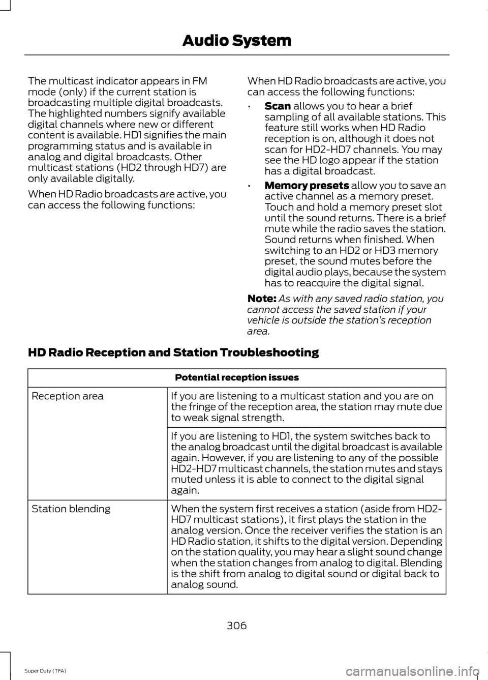 FORD SUPER DUTY 2014 3.G Owners Manual The multicast indicator appears in FM
mode (only) if the current station is
broadcasting multiple digital broadcasts.
The highlighted numbers signify available
digital channels where new or different
