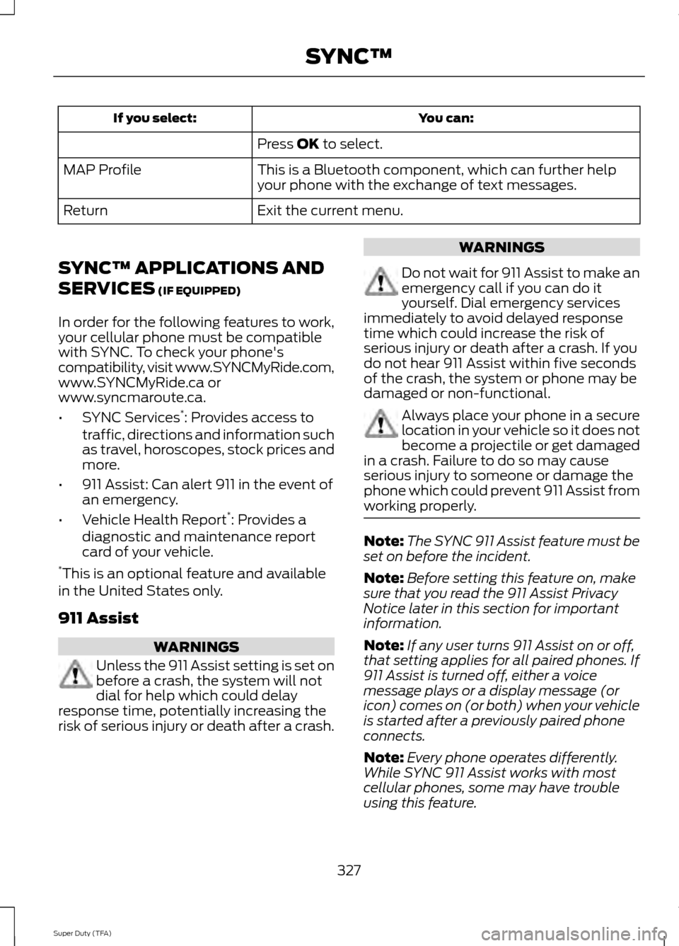 FORD SUPER DUTY 2014 3.G Owners Manual You can:
If you select:
Press OK to select.
This is a Bluetooth component, which can further help
your phone with the exchange of text messages.
MAP Profile
Exit the current menu.
Return
SYNC™ APPLI