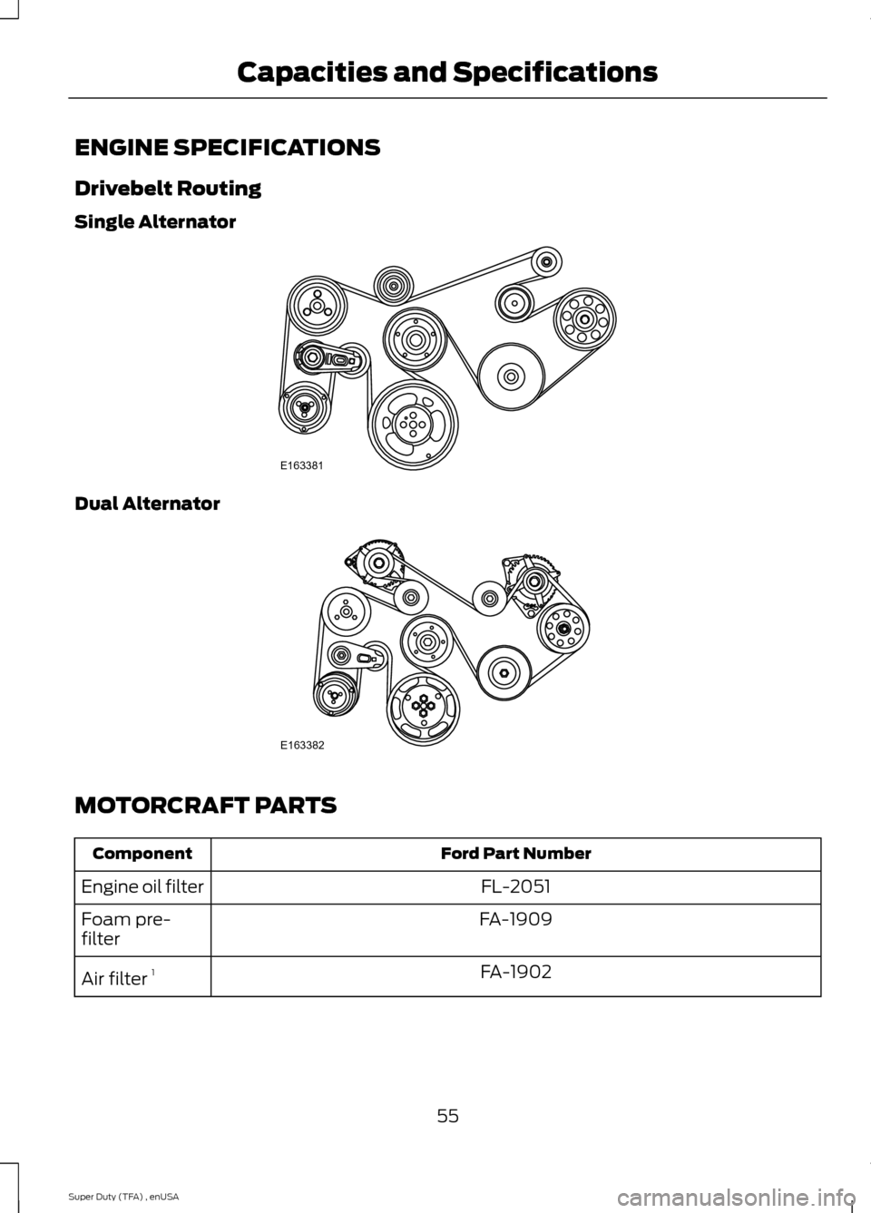 FORD SUPER DUTY 2015 3.G Diesel Supplement Manual ENGINE SPECIFICATIONS
Drivebelt Routing
Single Alternator
Dual Alternator
MOTORCRAFT PARTS
Ford Part Number
Component
FL-2051
Engine oil filter
FA-1909
Foam pre-
filter
FA-1902
Air filter  1
55
Super 