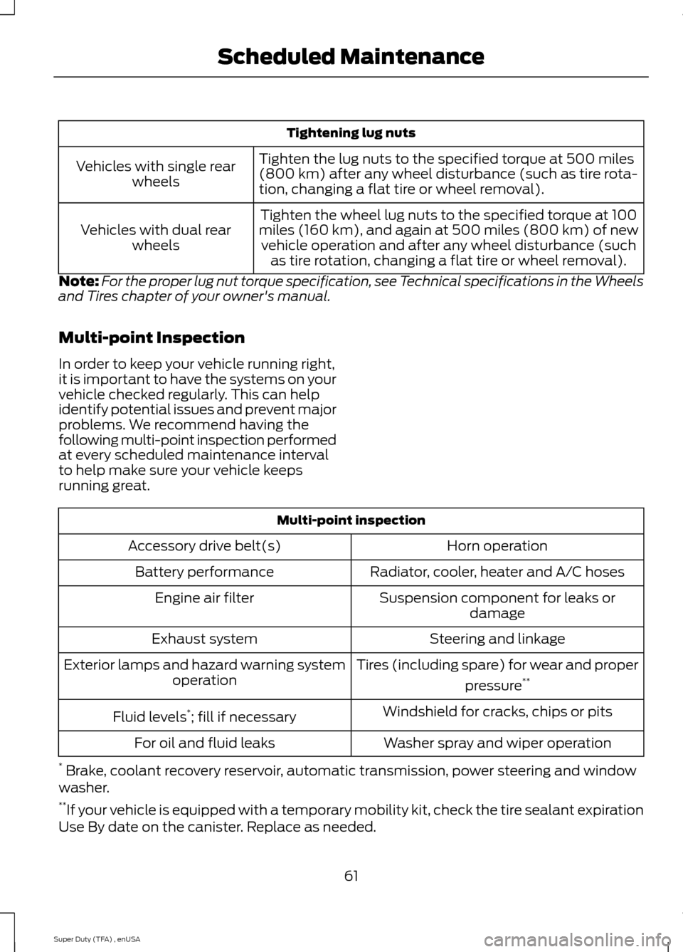 FORD SUPER DUTY 2015 3.G Diesel Supplement Manual Tightening lug nuts
Tighten the lug nuts to the specified torque at 500 miles
(800 km) after any wheel disturbance (such as tire rota-
tion, changing a flat tire or wheel removal).
Vehicles with singl FORD SUPER DUTY 2015 3.G Diesel Supplement Manual Tightening lug nuts
Tighten the lug nuts to the specified torque at 500 miles
(800 km) after any wheel disturbance (such as tire rota-
tion, changing a flat tire or wheel removal).
Vehicles with singl