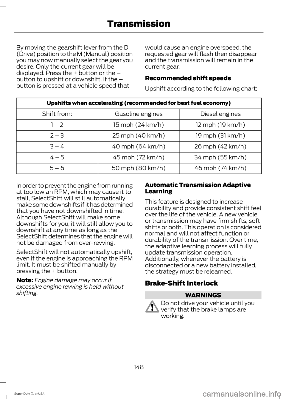 FORD SUPER DUTY 2015 3.G Owners Manual By moving the gearshift lever from the D(Drive) position to the M (Manual) positionyou may now manually select the gear youdesire. Only the current gear will bedisplayed. Press the + button or the – FORD SUPER DUTY 2015 3.G Owners Manual By moving the gearshift lever from the D(Drive) position to the M (Manual) positionyou may now manually select the gear youdesire. Only the current gear will bedisplayed. Press the + button or the –