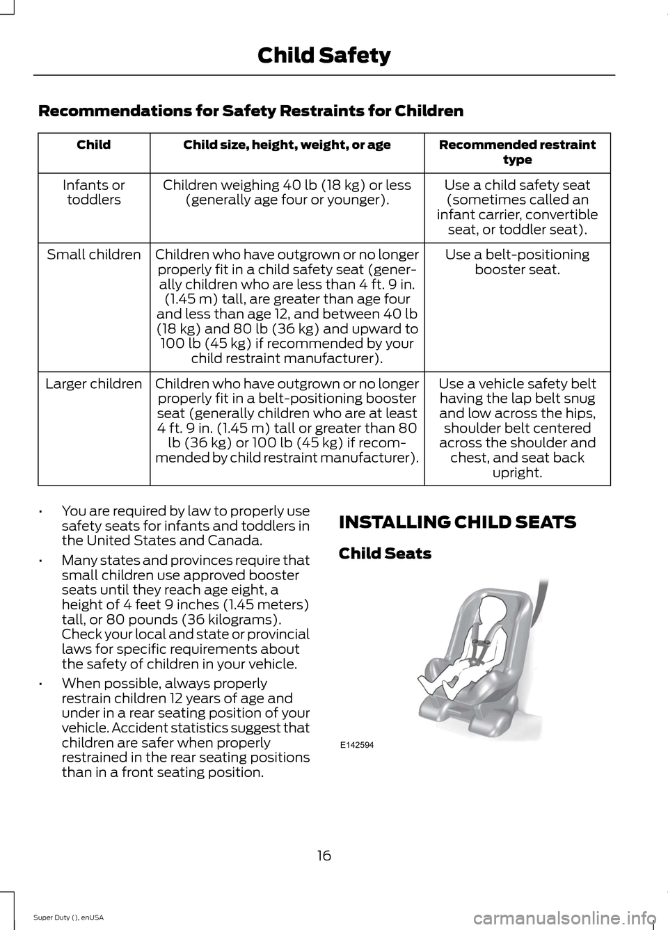FORD SUPER DUTY 2015 3.G Owners Manual Recommendations for Safety Restraints for Children
Recommended restrainttypeChild size, height, weight, or ageChild
Use a child safety seat(sometimes called aninfant carrier, convertibleseat, or toddl FORD SUPER DUTY 2015 3.G Owners Manual Recommendations for Safety Restraints for Children
Recommended restrainttypeChild size, height, weight, or ageChild
Use a child safety seat(sometimes called aninfant carrier, convertibleseat, or toddl