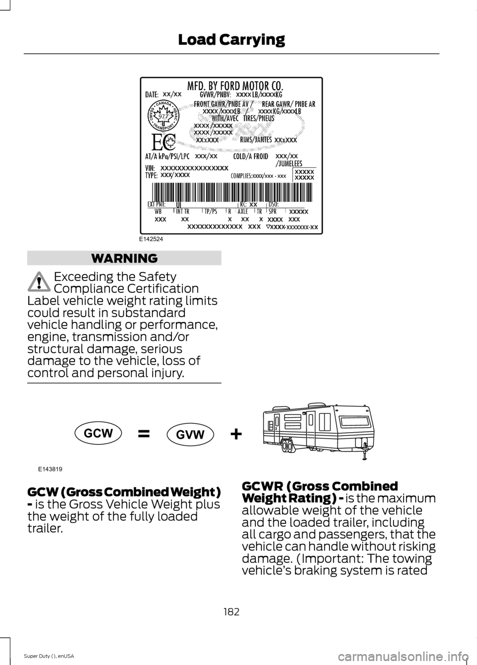 FORD SUPER DUTY 2015 3.G Owners Manual WARNING
Exceeding the SafetyCompliance CertificationLabel vehicle weight rating limitscould result in substandardvehicle handling or performance,engine, transmission and/orstructural damage, seriousda